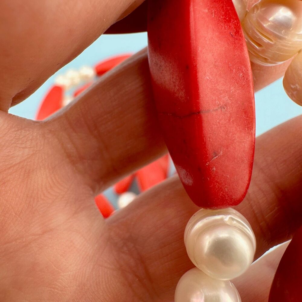 Vintage Red Stone Genuine Pearl Necklace Flapper 64" Knotted Statement Heavy - Picture 11 of 15